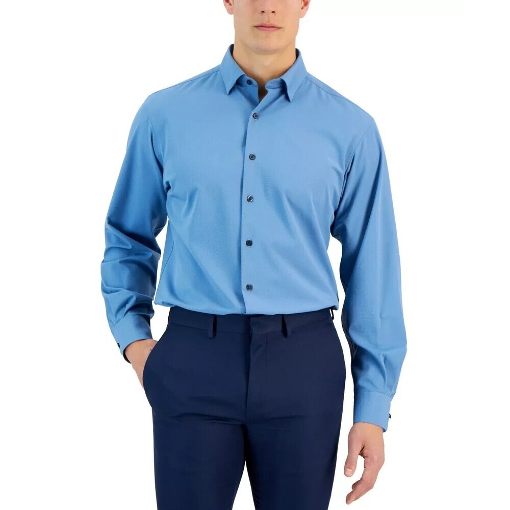 Alfani Men's Button Down Shirt Regular-Fit Knit Quiet Harbor Blue 14-14.5 32-33